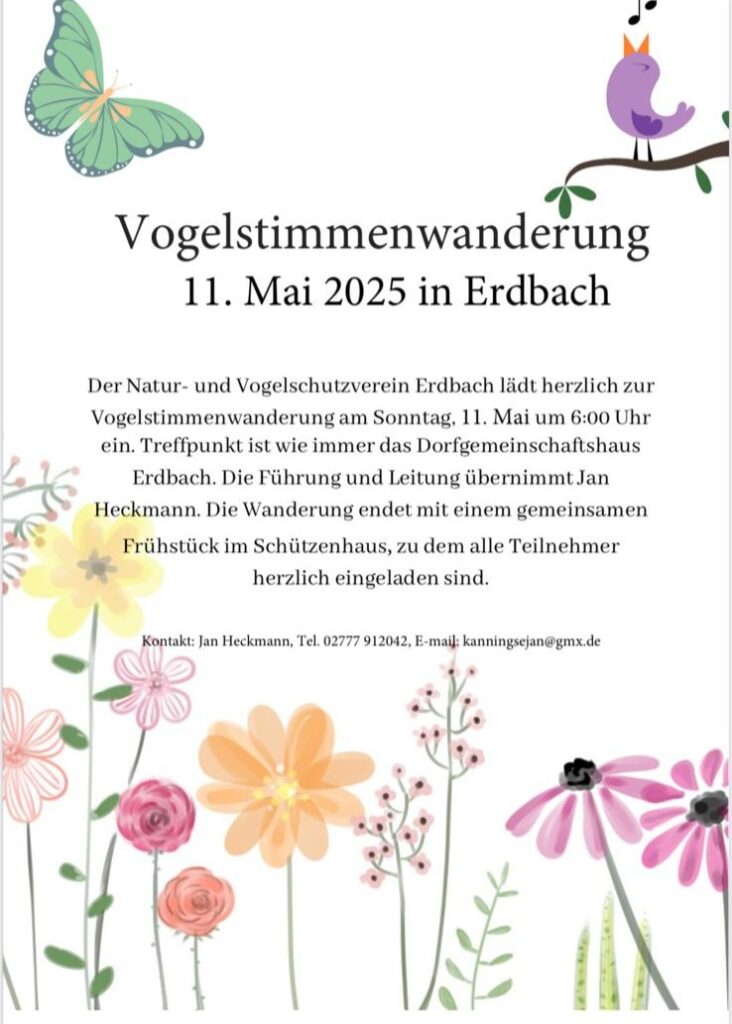 Mehr über den Artikel erfahren Vogelstimmenwanderung am 11.05.2025 um 6 Uhr